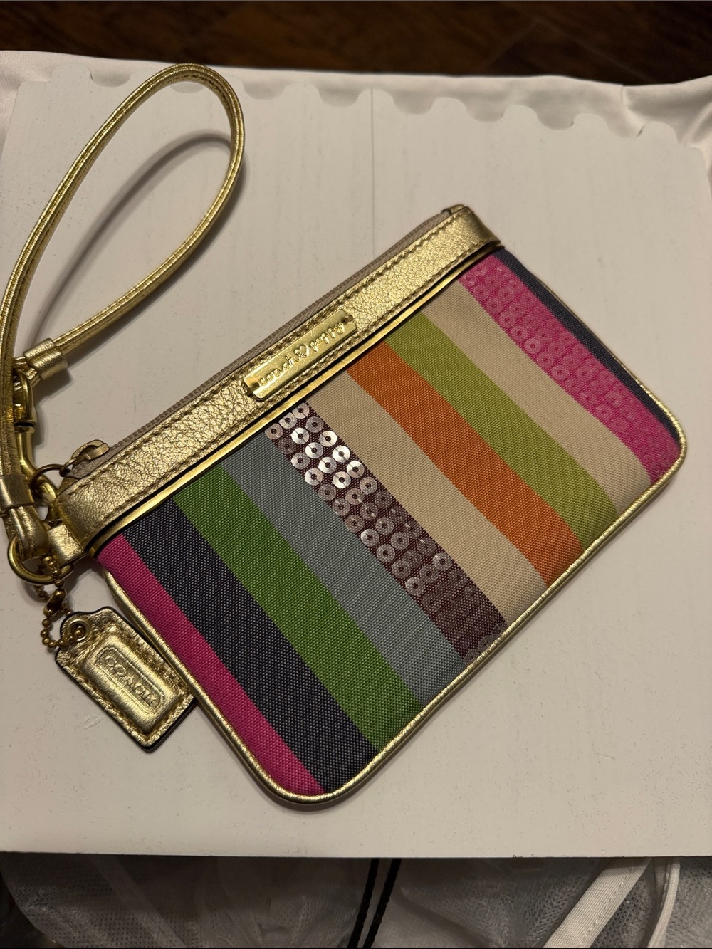Coach Gold-Trim Multicolor Stripe Wristlet